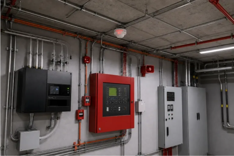 Addressable smoke detectors and fire-alarm control panel.